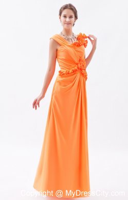 Orange Asymmetrical Ruched and Flower Long Bridesmaid Dress