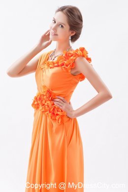 Orange Asymmetrical Ruched and Flower Long Bridesmaid Dress