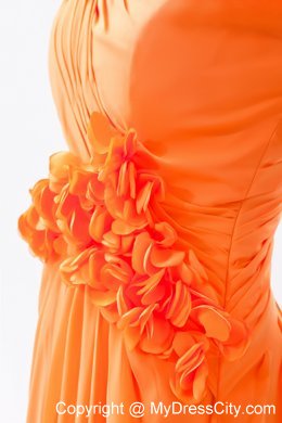 Orange Asymmetrical Ruched and Flower Long Bridesmaid Dress