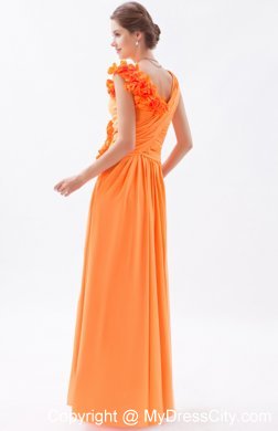 Orange Asymmetrical Ruched and Flower Long Bridesmaid Dress