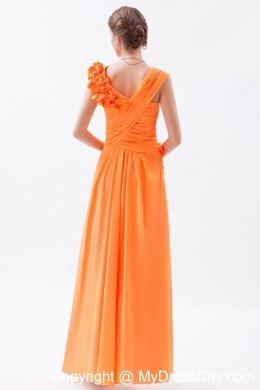 Orange Asymmetrical Ruched and Flower Long Bridesmaid Dress