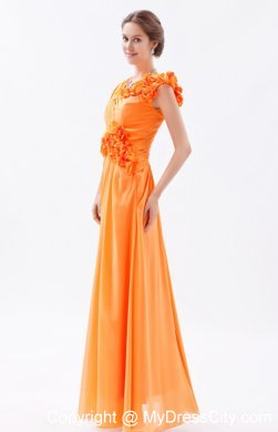 Orange Asymmetrical Ruched and Flower Long Bridesmaid Dress