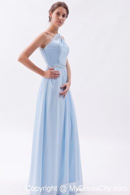 Light Blue Single Shoulder Ruched and Beaded Bridesmaid Dress