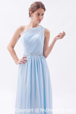 Light Blue Single Shoulder Ruched and Beaded Bridesmaid Dress