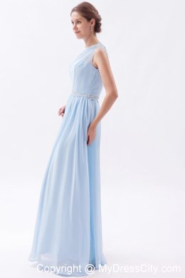 Light Blue Single Shoulder Ruched and Beaded Bridesmaid Dress