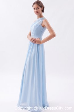 Light Blue Single Shoulder Ruched and Beaded Bridesmaid Dress