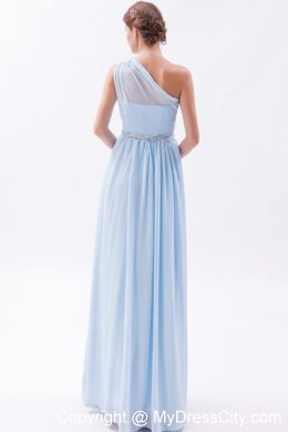 Light Blue Single Shoulder Ruched and Beaded Bridesmaid Dress