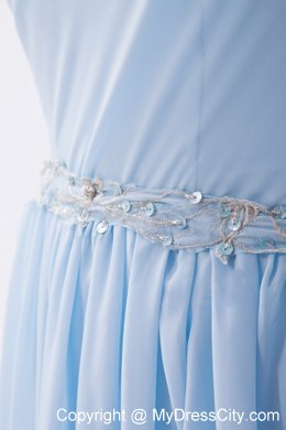 Light Blue Single Shoulder Ruched and Beaded Bridesmaid Dress