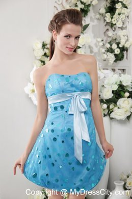 Strapless Short Polka Sash Blue Dress for Bridesmaid