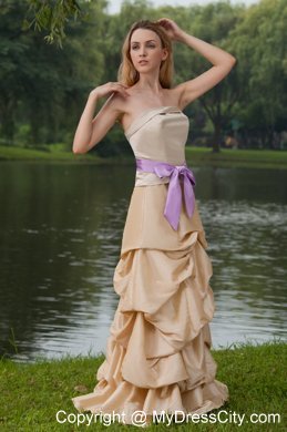 Long Pick-ups Champagne Bridesmaid Dress with Lavender Bow