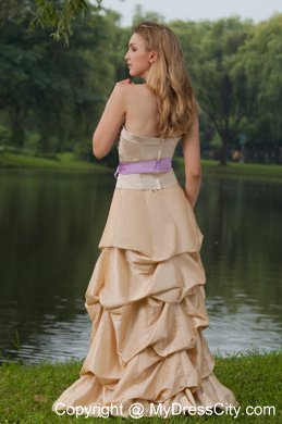 Long Pick-ups Champagne Bridesmaid Dress with Lavender Bow