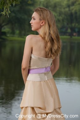 Long Pick-ups Champagne Bridesmaid Dress with Lavender Bow