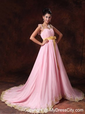 A-line Pink Prom Gowns with Yellow Bowknot for Court Train