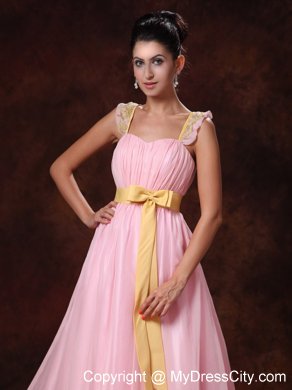 A-line Pink Prom Gowns with Yellow Bowknot for Court Train