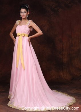 A-line Pink Prom Gowns with Yellow Bowknot for Court Train