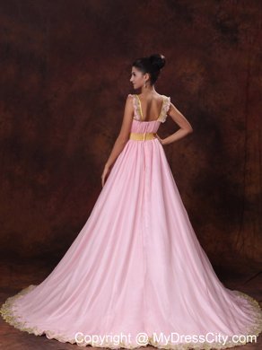 A-line Pink Prom Gowns with Yellow Bowknot for Court Train