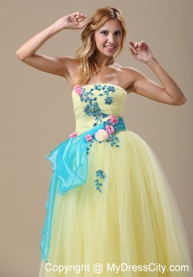 Appliques Ruched Prom Dress in Yellow With Sash