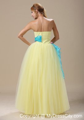 Appliques Ruched Prom Dress in Yellow With Sash