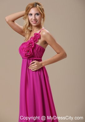 Fushcia One Shoulder Prom Dress with Hand Made Flowers