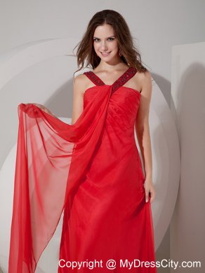 Red Empire V-neck Chiffon Prom Dress with Beading