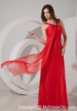 Red Empire V-neck Chiffon Prom Dress with Beading