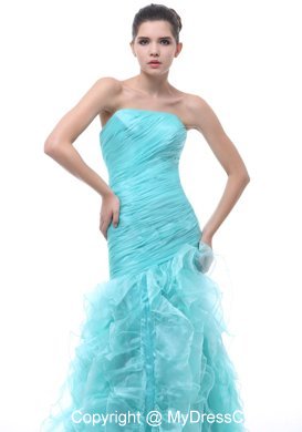 Ruched Mermaid Floor-length Blue Prom Dress with Ruffles