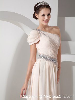 Champagne Cap One Shoulder Pleated Beading Prom Dress