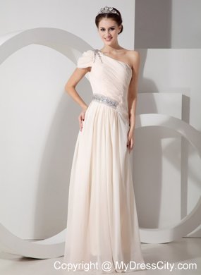 Champagne Cap One Shoulder Pleated Beading Prom Dress