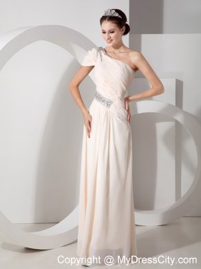 Champagne Cap One Shoulder Pleated Beading Prom Dress