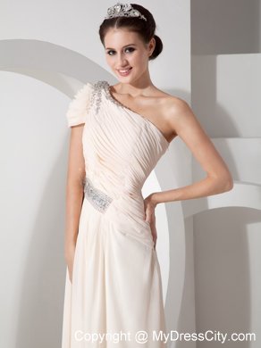 Champagne Cap One Shoulder Pleated Beading Prom Dress