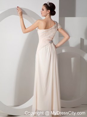 Champagne Cap One Shoulder Pleated Beading Prom Dress