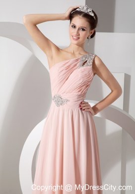 Blush Colored Beaded Ruching One Shoulder Prom Dress