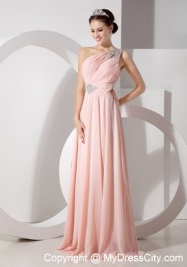 Blush Colored Beaded Ruching One Shoulder Prom Dress