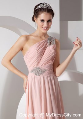 Blush Colored Beaded Ruching One Shoulder Prom Dress