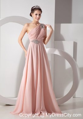 Blush Colored Beaded Ruching One Shoulder Prom Dress