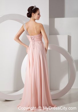 Blush Colored Beaded Ruching One Shoulder Prom Dress