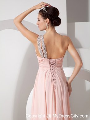 Blush Colored Beaded Ruching One Shoulder Prom Dress