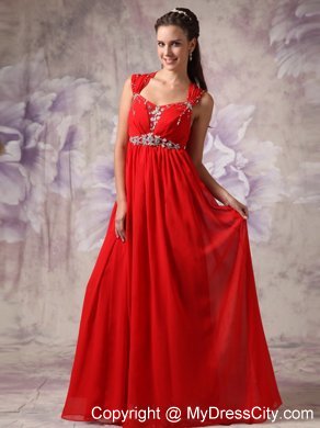 Red Princess Beading Straps Prom Dress Floor-length