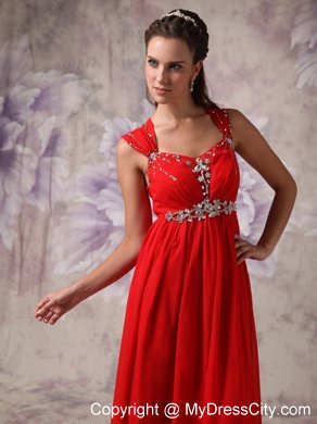 Red Princess Beading Straps Prom Dress Floor-length