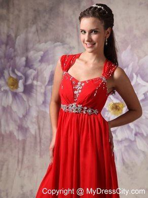 Red Princess Beading Straps Prom Dress Floor-length