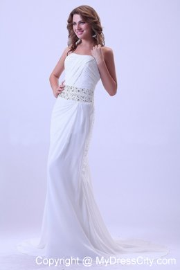 White Beaded Ruched Prom Dress With Court Train