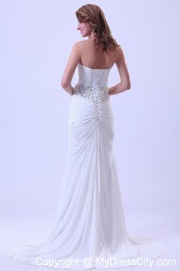 White Beaded Ruched Prom Dress With Court Train