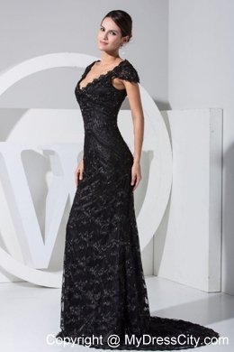 Black Scoop Cap Sleeves Lace Prom Dress with Brush Train