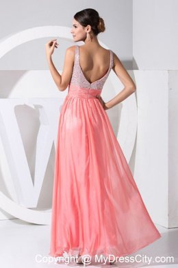 Coral Red Beaded Sweetheart Straps Ankle-length Prom Dress