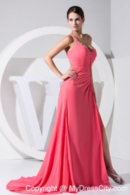 High Slit One Shoulder Beaded Brush Train Watermelon Prom Dress