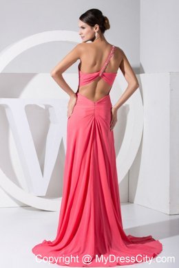 High Slit One Shoulder Beaded Brush Train Watermelon Prom Dress