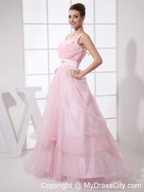 Ruffled One Shoulder Pink Organza Prom Dress with Jewel Brooch