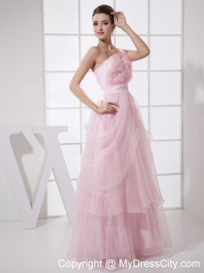 Ruffled One Shoulder Pink Organza Prom Dress with Jewel Brooch