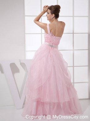 Ruffled One Shoulder Pink Organza Prom Dress with Jewel Brooch