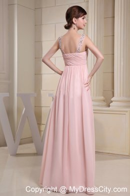 Empire Baby Pink Beaded Straps Ruching Dress for Prom